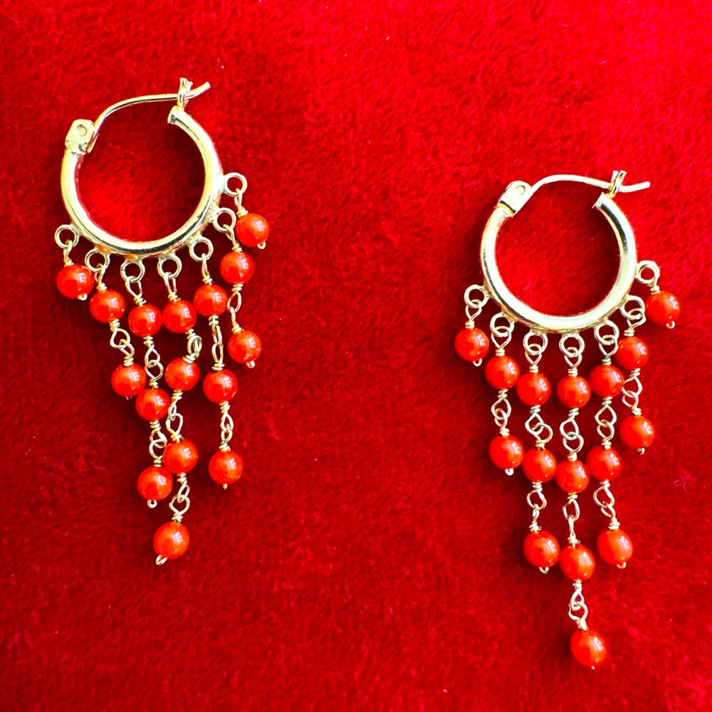 Elegant 14k Gold and Coral Hoop Earrings